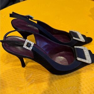 Bruno Magli Black Slingback Heels with Rhinestone Buckle